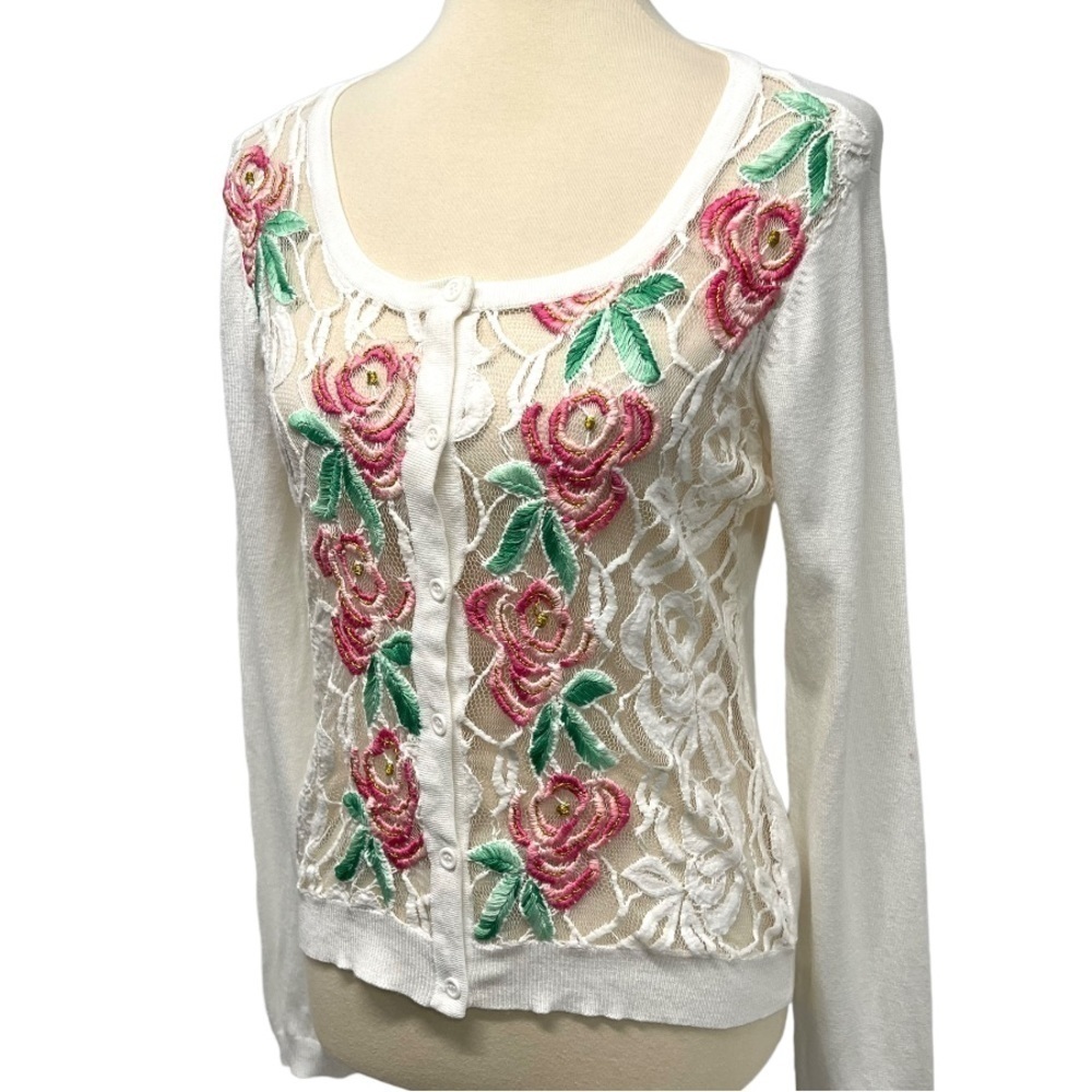 Agua Bendita White Embroidered Floral Lace Button Front Cardigan Sweater Large - Picture 3 of 14